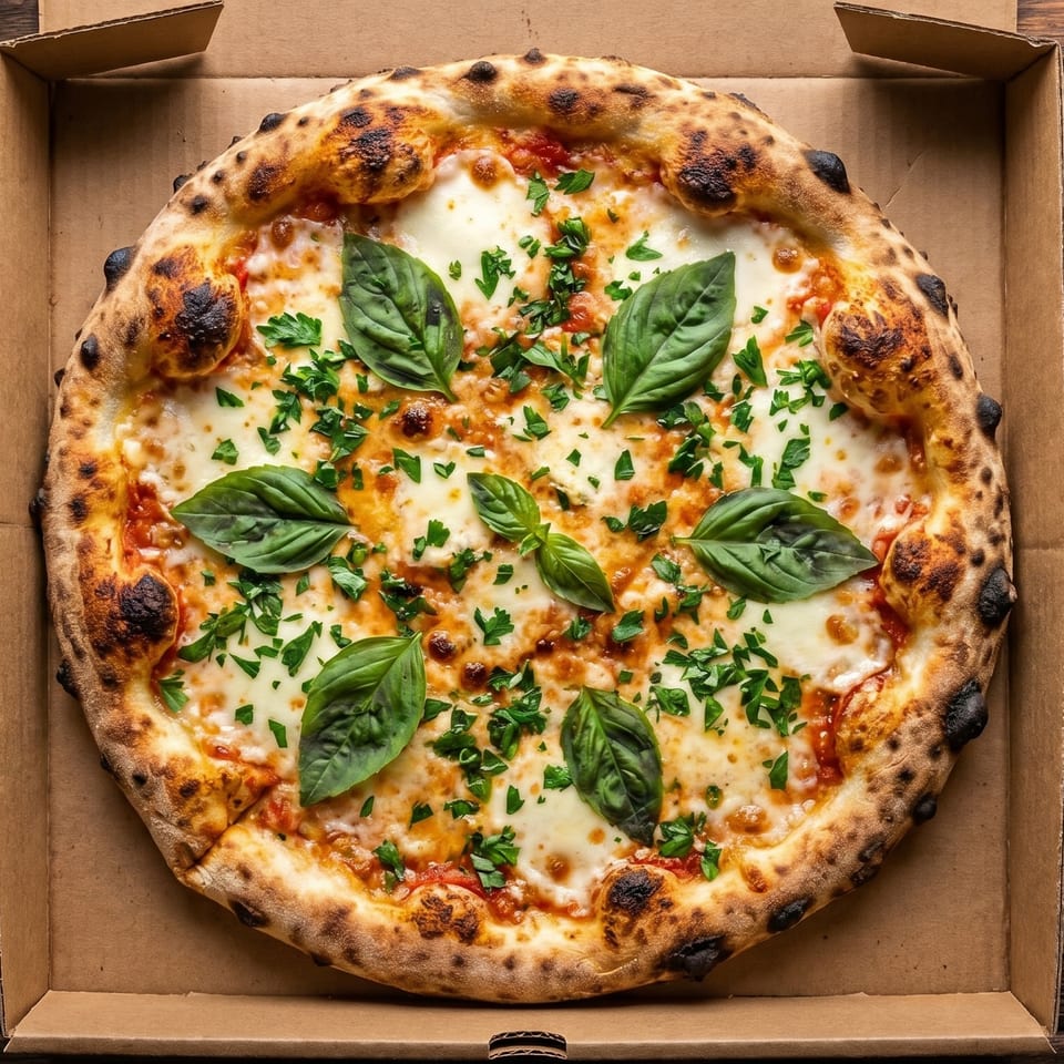 Neapolitan pizza with fresh basil and parsley in a cardboard box on a wooden table.
