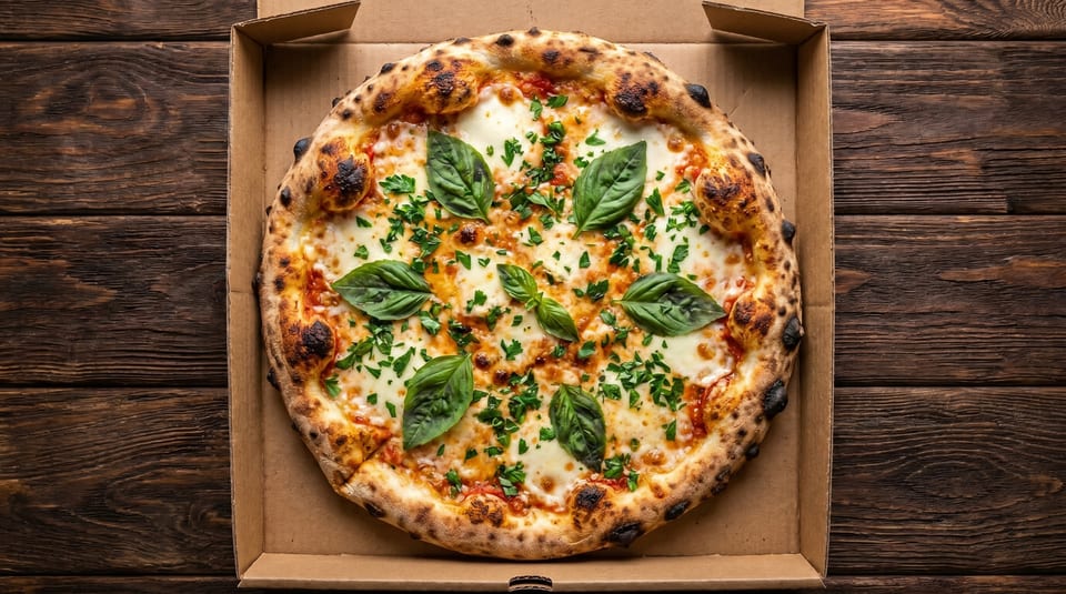Neapolitan pizza with fresh basil and parsley in a cardboard box on a wooden table.