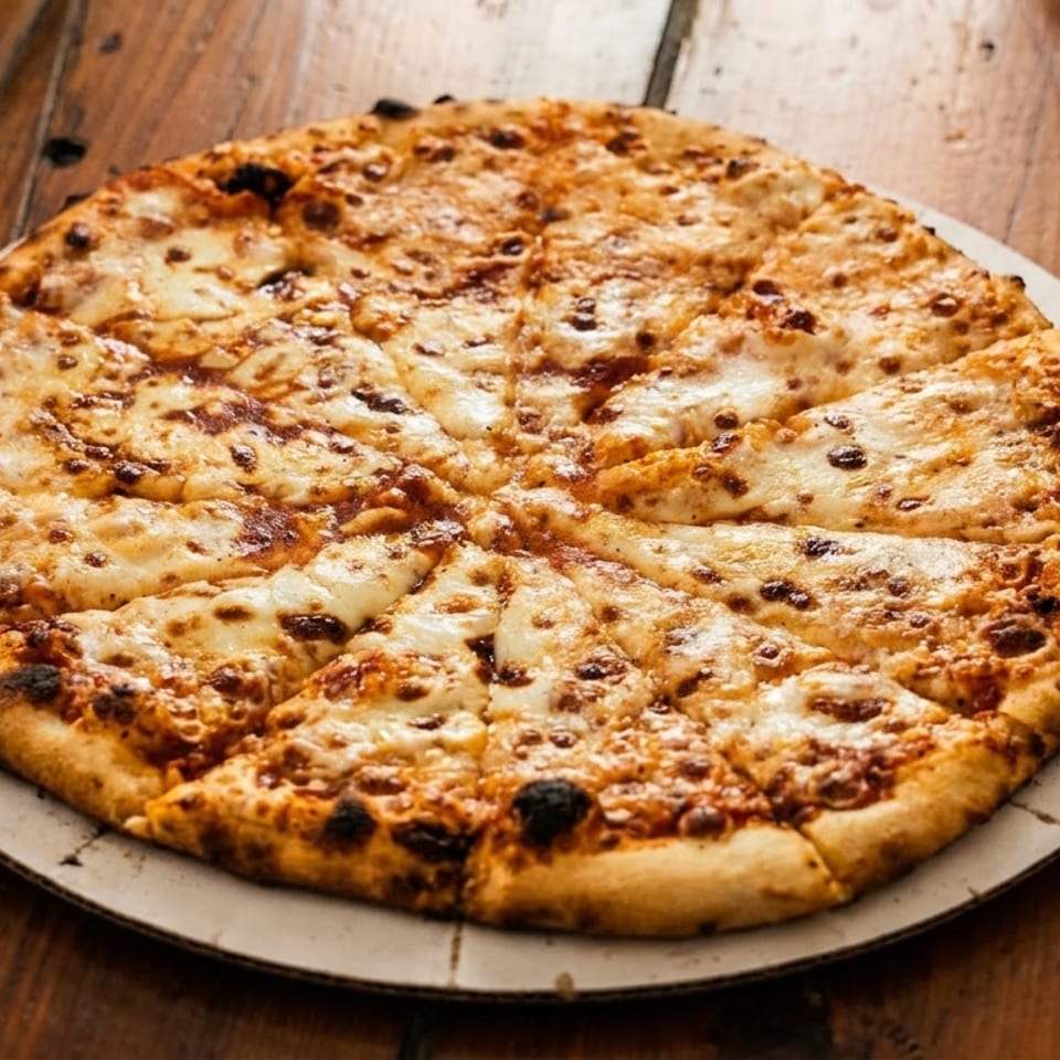 A whole cheese pizza, cut into slices, on a cardboard round on a wooden table.