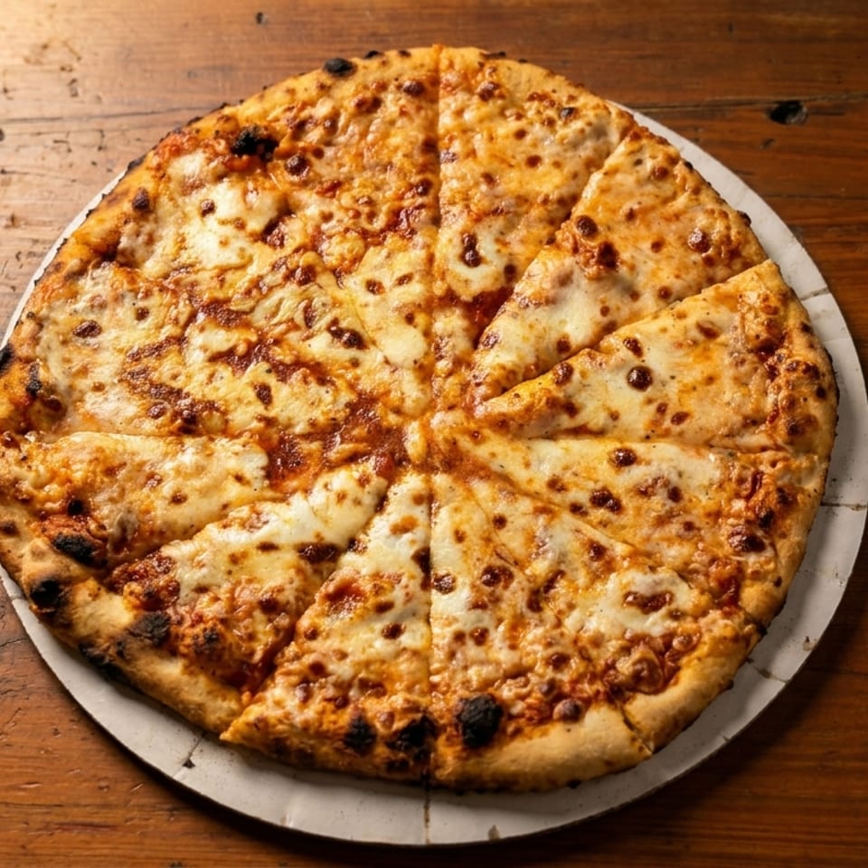 A freshly baked, sliced cheese pizza with a crispy crust sits on a rustic wooden table.