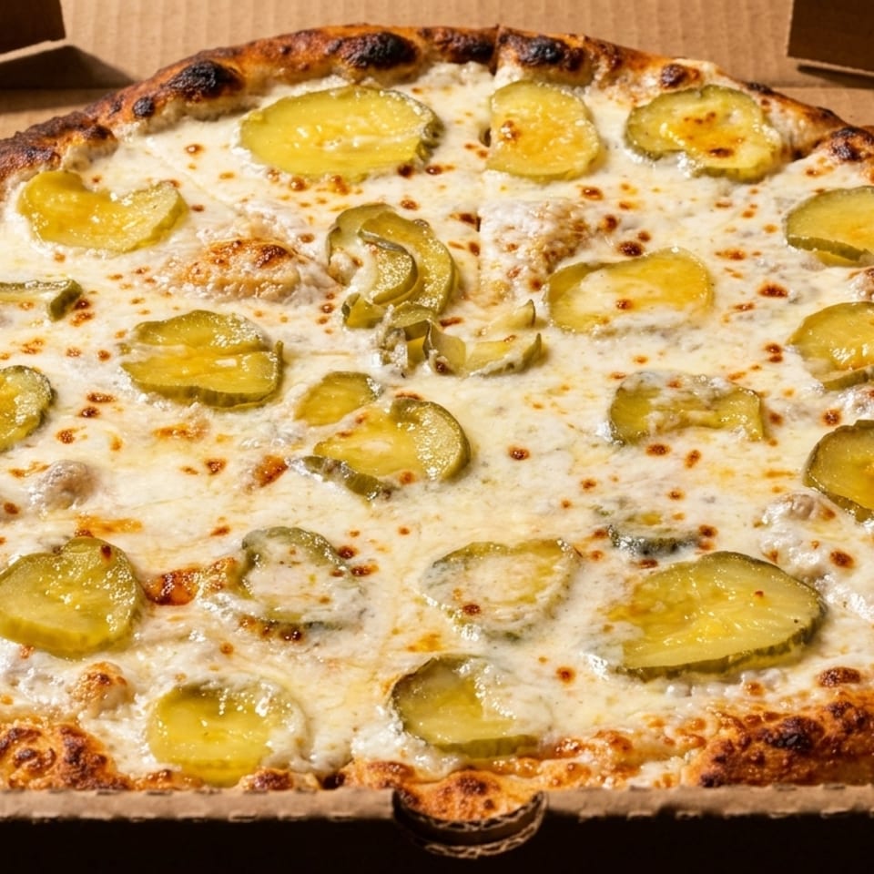 A whole pizza with white sauce, melted cheese, and pickle slices in a cardboard box.